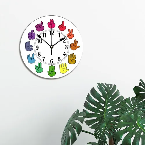 Vista 2 de Reloj de pared de madera arcoíris con lenguaje de señas, moderno, funciona con pilas, silencioso, sin tictac, relojes de pared decorativos