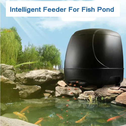 Vista 2 de Alimentador de peces solar/batería de 10L - Alimentador automático de estanque de gran angular de 120°, 1.76-49.38 oz/día ajustable, resistente a