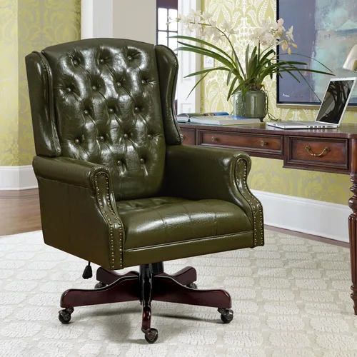 Vista 11 de ECOTOUGE Silla de escritorio ejecutiva mejorada 2026, silla de oficina en casa con respaldo de alas de cuero con ribete de cabeza de clavos y Azul