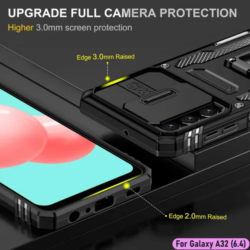 Vista 6 de Funda resistente para Samsung Galaxy A32 (4G), protector híbrido de goma de doble capa de grado militar con protector de cámara deslizante, soporte