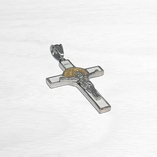 Vista 3 de Unique Saint Benedict Crucifijoen dos tonos de oro y plata color inoxidable St Benedict Cruz Collar
