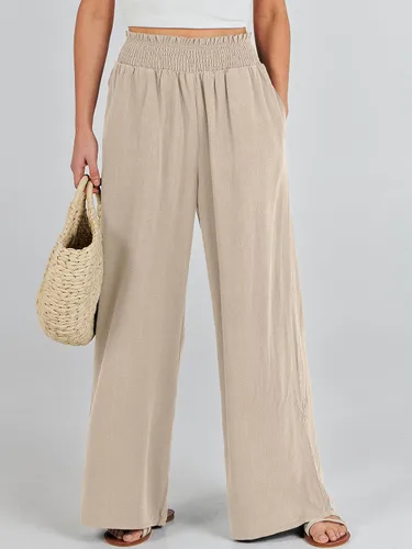Vista 2 de Caracilia Pantalones de lino para mujer, pierna ancha, palazzo, pantalones de descanso de cintura alta, fluidos 2024, verano, playa, trabajo