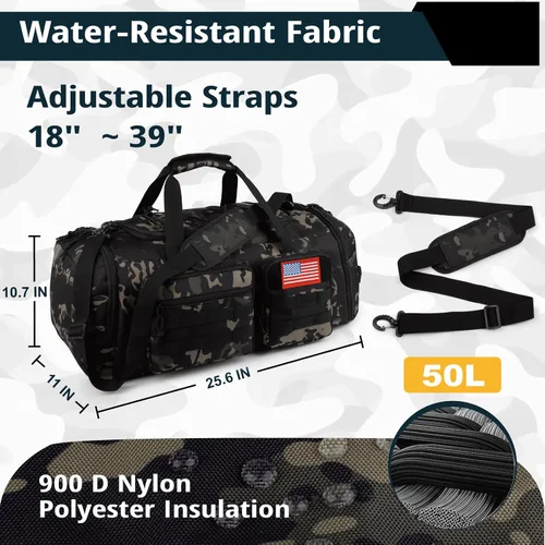 Vista 4 de Bolsa táctica de gimnasio para hombres, 50L grande 3 en 1 bolsa deportiva con compartimento para zapatos para viajes, mochila de viaje resistente al