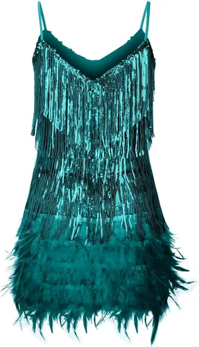 Vista 4 de XUNRYAN Vestidos de fiesta de lentejuelas de los años 20 para mujer, con flecos, con tirantes delgados, formal, con borlas, para cóctel, disfraz