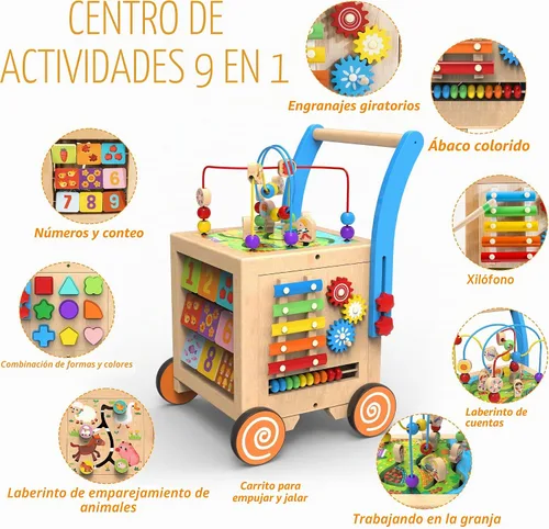 Vista 2 de 9 en 1 Cubo de Actividad de Madera Andador de Bebé de Madera, Centro de Actividad de Aprendizaje de Sentarse a Pararse, Juguetes Educativos