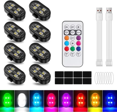 Vista 10 de 4 piezas de luces LED estroboscópicas inalámbricas con mando a distancia, 8 colores, 10 modos de iluminación, luz trasera para bicicleta recargable