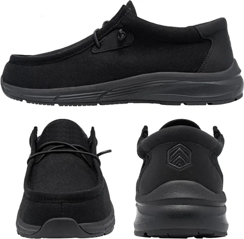 Vista 8 de LARNMERN Zapatos antideslizantes para el trabajo, sin cordones, para servicio de alimentos, zapatos antideslizantes para cocina, chef, bote, lona