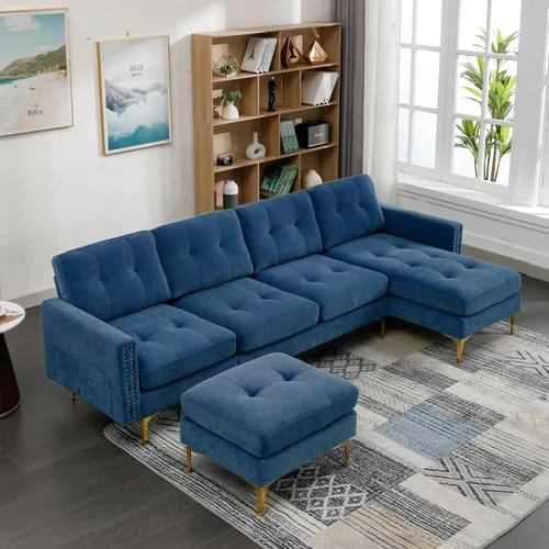 Vista 8 de Sofá modular de terciopelo de 111 pulgadas para sala de estar, moderno y contemporáneo en forma de L de 4 asientos copetudo, sofá con diván y 111in