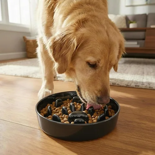 Vista 3 de Cerámica 1.5 taza para razas pequeñas y medianas tazón de perro de alimentación lenta (negro)
