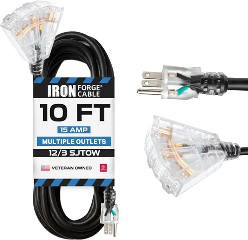 Vista 13 de Iron Forge Cable Cable de extensión de calibre 12 con múltiples tomas, cable de extensión negro resistente de 6 pies - SJTOW 12/3, cables de salida