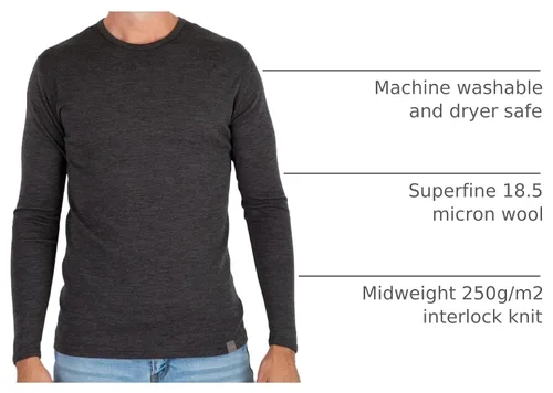 Vista 4 de MERIWOOL Capa base para hombre, 100% lana merina, peso medio, manga larga, camisa térmica Gris-Carbón