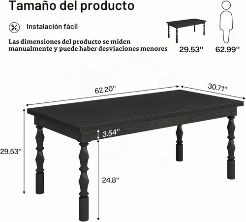 Vista 2 de Tribesigns Mesa de comedor de madera negra para 4 a 6 personas, mesa de cocina rectangular grande de 62 pulgadas, mesa de comedor moderna, muebles