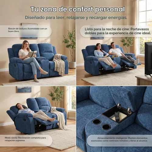 Vista 3 de Juego de sofá reclinable de 2 piezas, sofá reclinable de tela y sofá biplaza para sala de estar, sofá reclinable azul para sala de estar, oficina