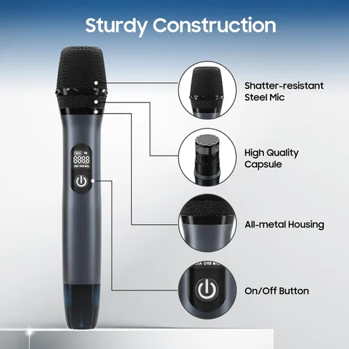Vista 3 de Micrófono inalámbrico, sistema de micrófono dinámico de metal inalámbrico dual UHF con receptor recargable, adecuado para cantar karaoke, bodas