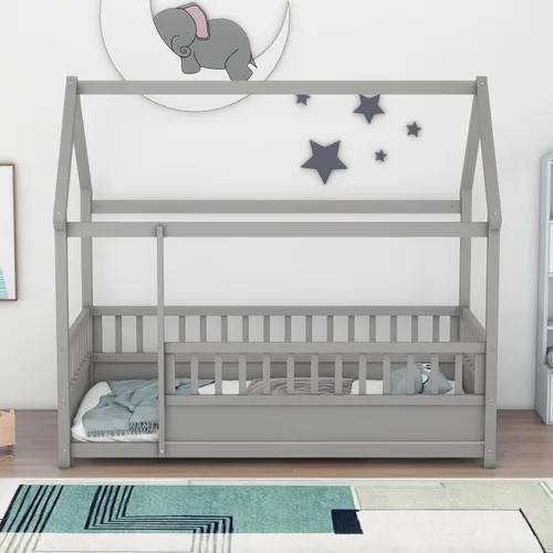 Vista 13 de Harper & Bright Designs Marco de cama de piso de casa de tamaño individual con barandillas de techo y valla, cama Montessori de madera maciza, fácil