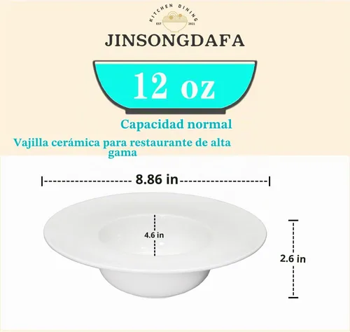 Vista 2 de Tazón de sopa, plato de sopa con borde de 12 onzas, juego de 4 cuencos para pasta, plato blanco poco profundo, cuenco de sopa de cerámica de borde