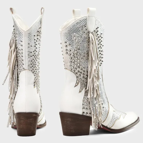 Vista 3 de Tsrenlmln Botas de tobillo para mujer, con punta puntiaguda, con diamantes de imitación, tacón grueso, remaches, botas vaqueras occidentales