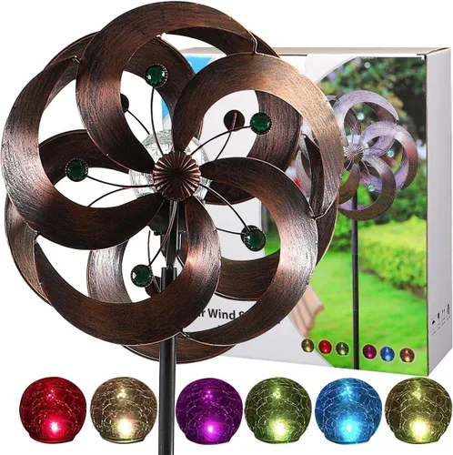 Vista 6 de Spinner de viento solar mejorado 360 grados giratorio multicolor LED iluminación bola de vidrio con cinético viento giratorio vertical escultura