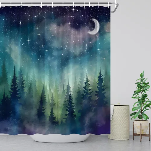 Vista 3 de Cortina de ducha con diseño de luna de bosque, acuarela, bosque brumoso, fantasía, cielo estrellado, galaxia, naturaleza, paisaje gótico, cortinas