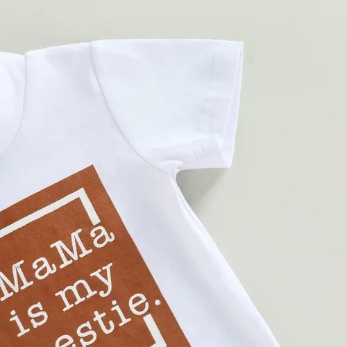 Vista 5 de Mama Is My Bestie, ropa de bebé para niños y niñas, camisa con letras, mameluco + pantalón deportivo de color sólido, traje de verano de 2 piezas