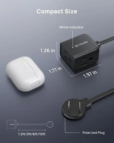 Vista 7 de TROND Cable de extensión de interior de 2 a 3 clavijas de 1.5 pies – Enchufe plano polarizado para detrás de muebles, pequeño extensor de salida