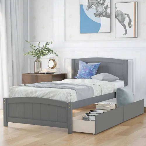 Vista 7 de Base de cama de almacenamiento individual, plataforma de madera con dos cajones y cabecero, plataforma de cama de fácil montaje (espresso)