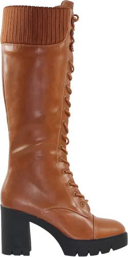 Vista 3 de Generation Y Botas de combate hasta la rodilla para mujer, con cordones, tacón grueso, cierre de cremallera