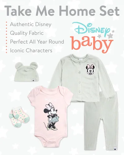 Vista 2 de Disney Baby Girls Take Me Home - Conjunto de 5 piezas de Minnie Mouse enterizo, camisa, pantalones, sombrero, calcetines, esencial para recién