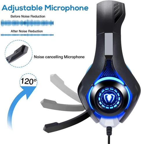 Vista 6 de BlueFire Auriculares con cable para juegos para PS4, PS5, Xbox One, PC, auriculares con sonido envolvente, micrófono con cancelación de ruido, Azul