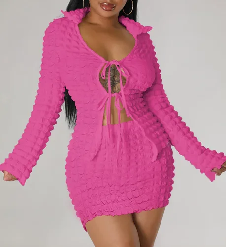 Vista 2 de GAMISOTE Conjunto de 2 piezas para mujer, de manga larga, con lazo frontal, blusa elástica de cintura alta