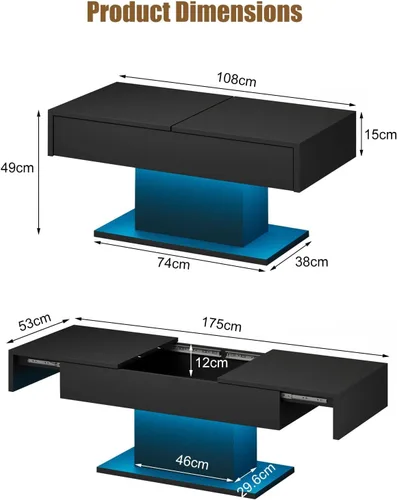 Vista 2 de HedoAjim - Mesa de café LED negra con almacenamiento para sala de estar, mesa de centro rectangular para sala de estar, mesas de café modernas
