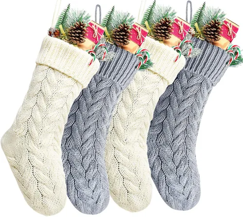 Vista 27 de Medias de Navidad, 18 pulgadas, calcetines de punto trenzado azul para decoración de Navidad, paquete de 4