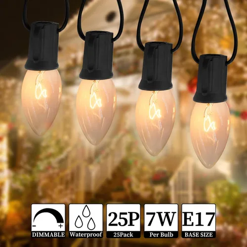 Vista 3 de Bombillas de repuesto C9 transparentes incandescentes paquete de 25 bombillas de repuesto para luces de Navidad C9, base intermedia E17, 7 vatios