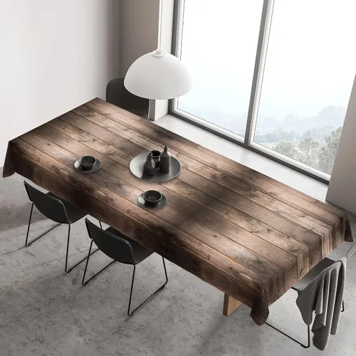 Vista 2 de Mantel rectangular de tela de poliéster de 60 x 120 pulgadas, de grano de madera marrón, lavable, resistente a las arrugas, para comedor al aire