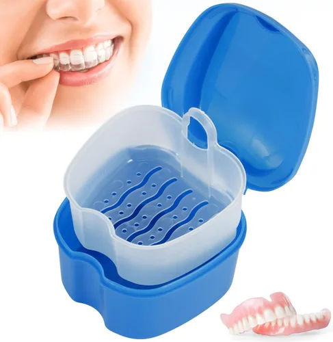 Vista 6 de Estuche de dentadura para dentadura postiza, caja de almacenamiento de dientes falsos con cesta de enjuague, caja de almacenamiento portátil