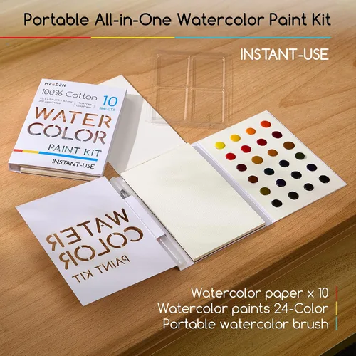 Vista 2 de MEEDEN Juego de pintura de acuarela, suministros de pintura de 24 colores con 10 papeles de acuarela y pincel, kit de pintura artística portátil