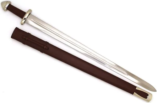 Vista 2 de Medieval Warrior Espada vikinga de acero de alto carbono de espiga completa del siglo X con funda de cuero marrón