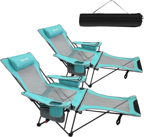 Vista 11 de Paquete de 2 sillas reclinables de camping de 4 posiciones con reposapiés, cómoda para adultos, silla de playa plegable de malla de 265 libras