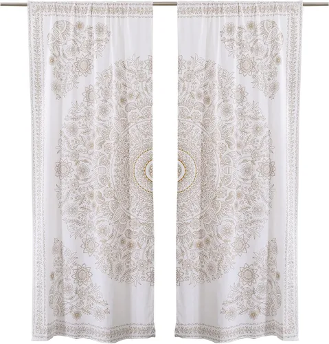 Vista 2 de Popular Handicrafts India Hippie Mandala Bohemia Hermoso Bosquejo Cortina Cortina Dormitorio Sala Balcón Cenefa Paneles Oro Blanco
