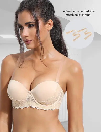 Vista 3 de Brasier de encaje con espalda transparente sin tirantes, súper acolchado, con tirantes convertibles, con aros, para mujer