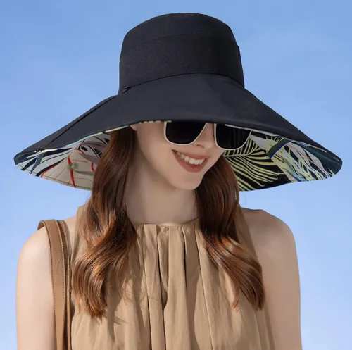 Vista 5 de HUAMULAN Sombrero de sol de verano para mujer, ala ancha, borde con alambre, floral, playa, cubo, sombreros reversibles, plegables, protección UV