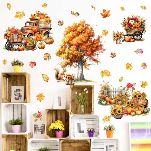 Vista 6 de Calcomanías de pared de árbol de arce, calcomanías de pared de otoño con hojas de otoño, calcomanías de pared de hojas de árbol amarillo