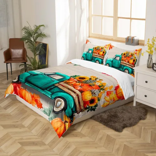 Vista 5 de Fall Harvest Kids Duvet Cover Set Twin Size,Cartoon Truck Pumpkin Sunflower Bedding Set,Boys Girls Bedroom Decor,Wooden Plank Maple Comforter