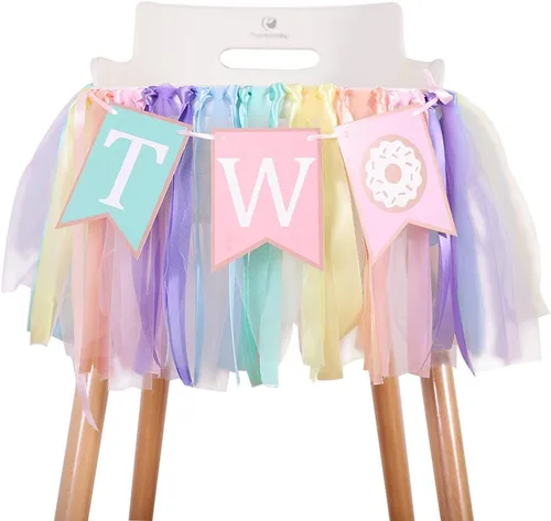 Vista 8 de Cartel de cumpleaños de 1 a 2 años de edad – Cartel para silla alta de cumpleaños con tema de dona, un grupo de tutú de cinta de arco iris suave