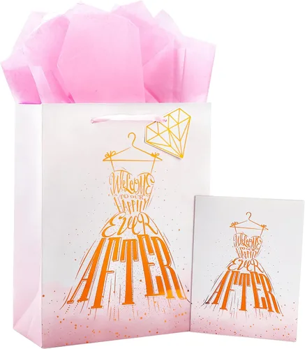 Vista 14 de Loveinside Bolsa de regalo de boda – Diseño de texto floral y siempre y para siempre con papel de seda, tarjeta de felicitación y etiqueta
