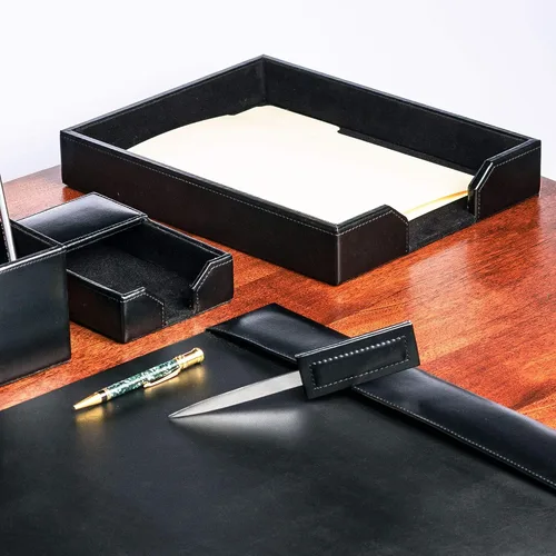Vista 6 de Dacasso Bandeja de escritorio de cuero regenerado, soporte de cartas de lujo y organizador de papel para escritorio, 13.5 x 10.5 x 2.13 pulgadas