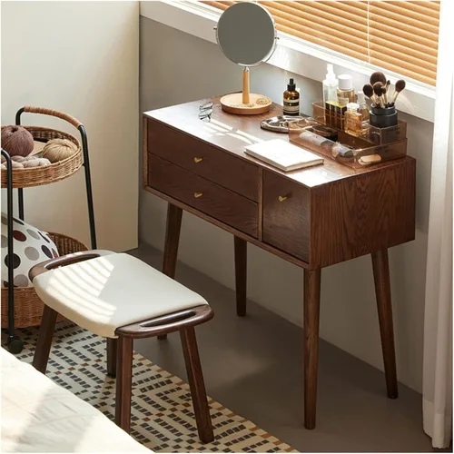 Vista 8 de HIHELO Tocador simple para dormitorio, tocador pequeño, escritorio, juego de taburete de maquillaje de madera con cajón, tocador para tocador