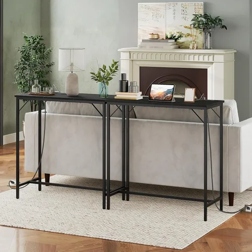 Vista 4 de HOOBRO Mesa de bar con estación de carga, mesa de pub rectangular, mesa de café alta, mesa de bar de altura de mostrador, mesa de comedor estrecha