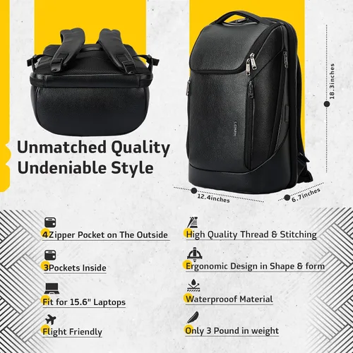 Vista 3 de LENZN Mochila de negocios de cuero duradera perfecta para hombres y mujeres, mochila de trabajo para 15.6 pulgadas, bolsa de viaje de alta calidad