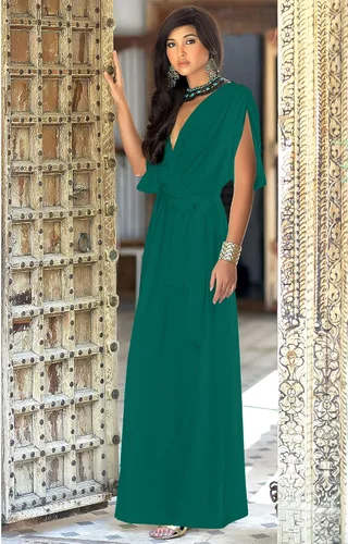Vista 2 de KOH KOH Vestido largo semiformal de manga corta con cuello en V para mujer